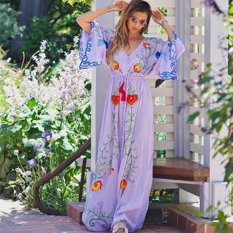 Bohemian Embroidered Flora and Fauna Maxi Cover-Up