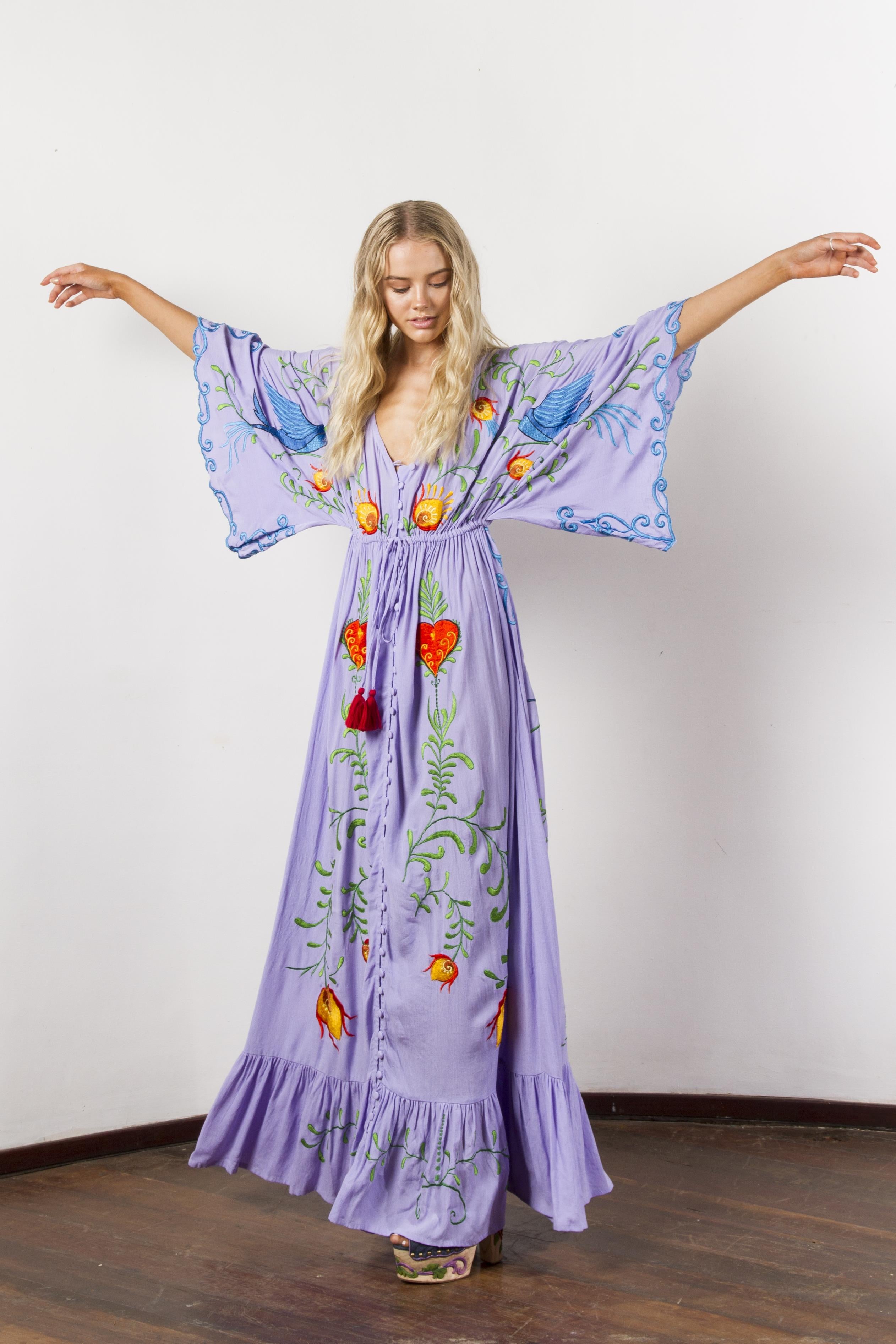 Bohemian Embroidered Flora and Fauna Maxi Cover-Up