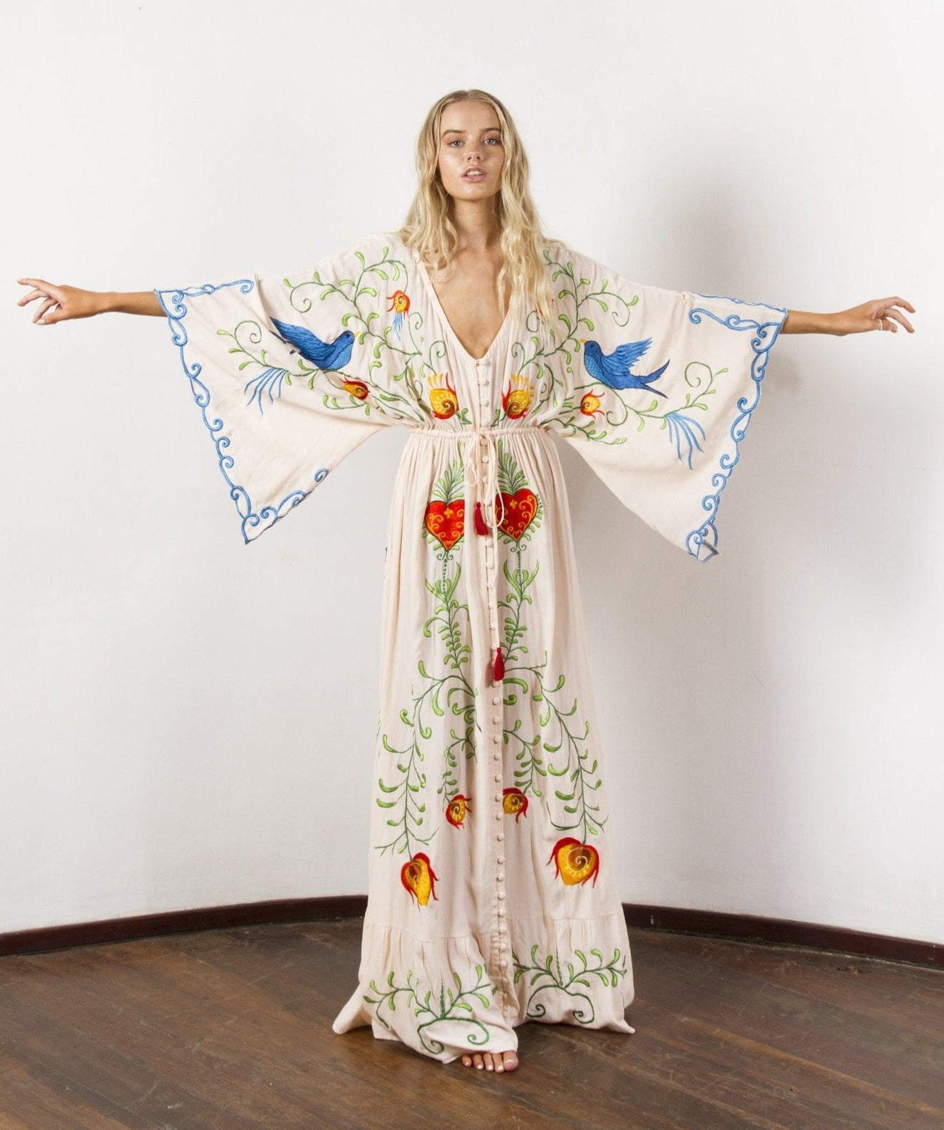 Bohemian Embroidered Flora and Fauna Maxi Cover-Up