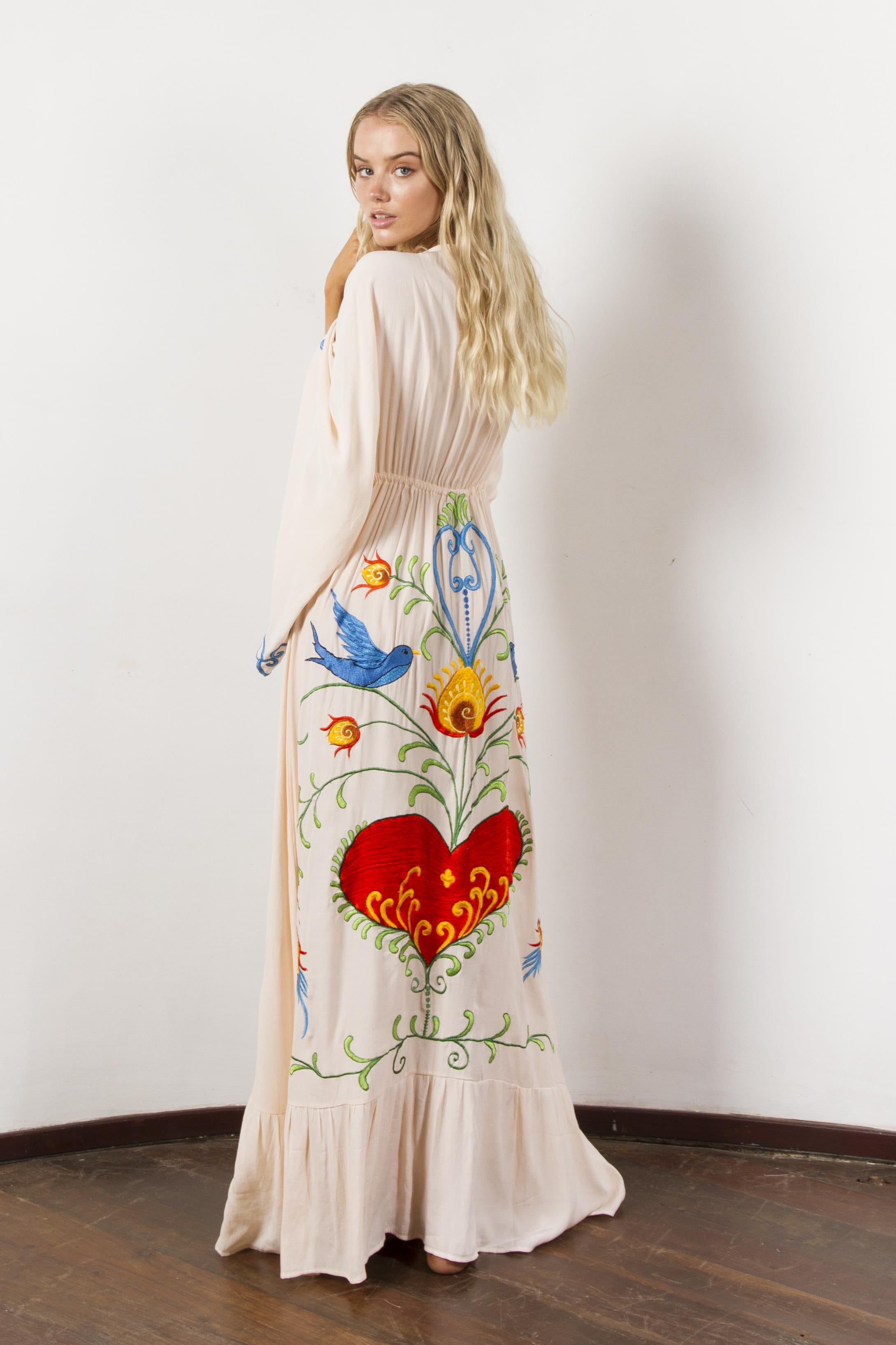Bohemian Embroidered Flora and Fauna Maxi Cover-Up