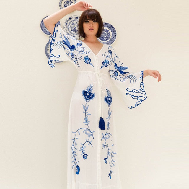 Bohemian Embroidered Flora and Fauna Maxi Cover-Up