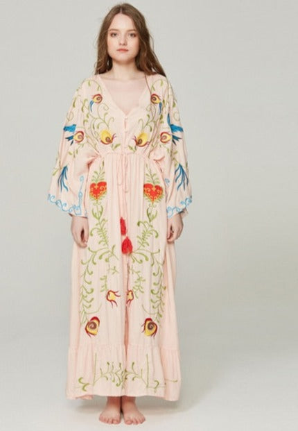 Bohemian Embroidered Flora and Fauna Maxi Cover-Up
