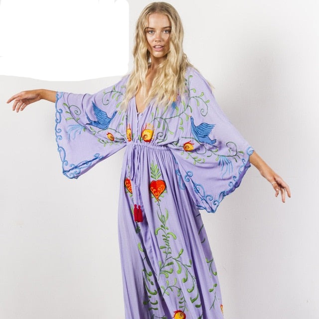 Bohemian Embroidered Flora and Fauna Maxi Cover-Up