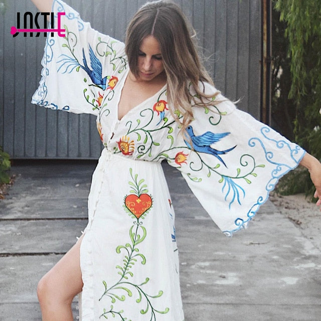 Bohemian Embroidered Flora and Fauna Maxi Cover-Up