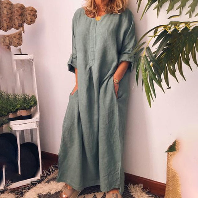 Cotton Linen Oversized Maxi Dress With Pockets