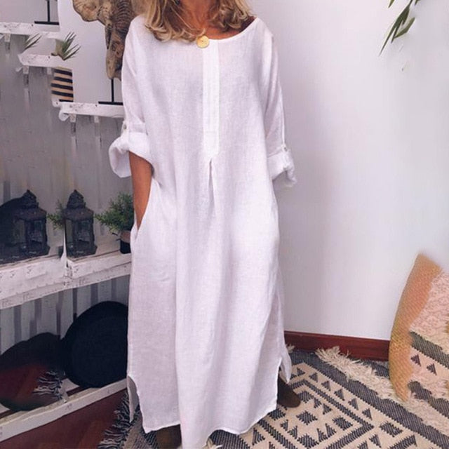 Cotton Linen Oversized Maxi Dress With Pockets