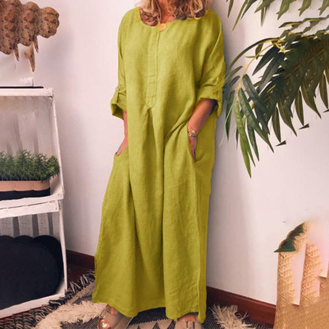 Cotton Linen Oversized Maxi Dress With Pockets