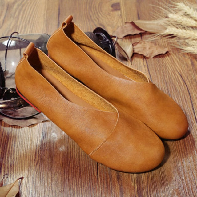 Comfortable Luxury Genuine Cow Leather Loafers for Women - Hand-Sewn Casual Flat Shoes