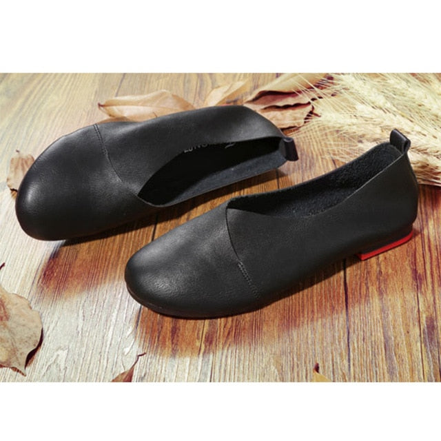 Comfortable Luxury Genuine Cow Leather Loafers for Women - Hand-Sewn Casual Flat Shoes
