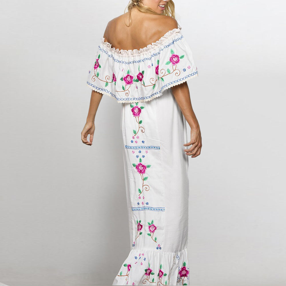 Bohemian Rose Embroidery Off-Shoulder Maxi Dress