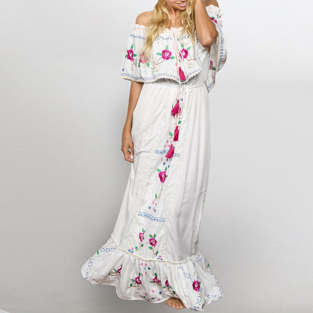 Bohemian Rose Embroidery Off-Shoulder Maxi Dress