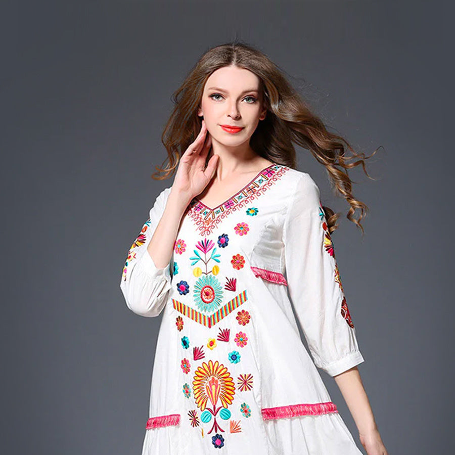 Boho Style Elegant Embroidery Cotton Long Dress