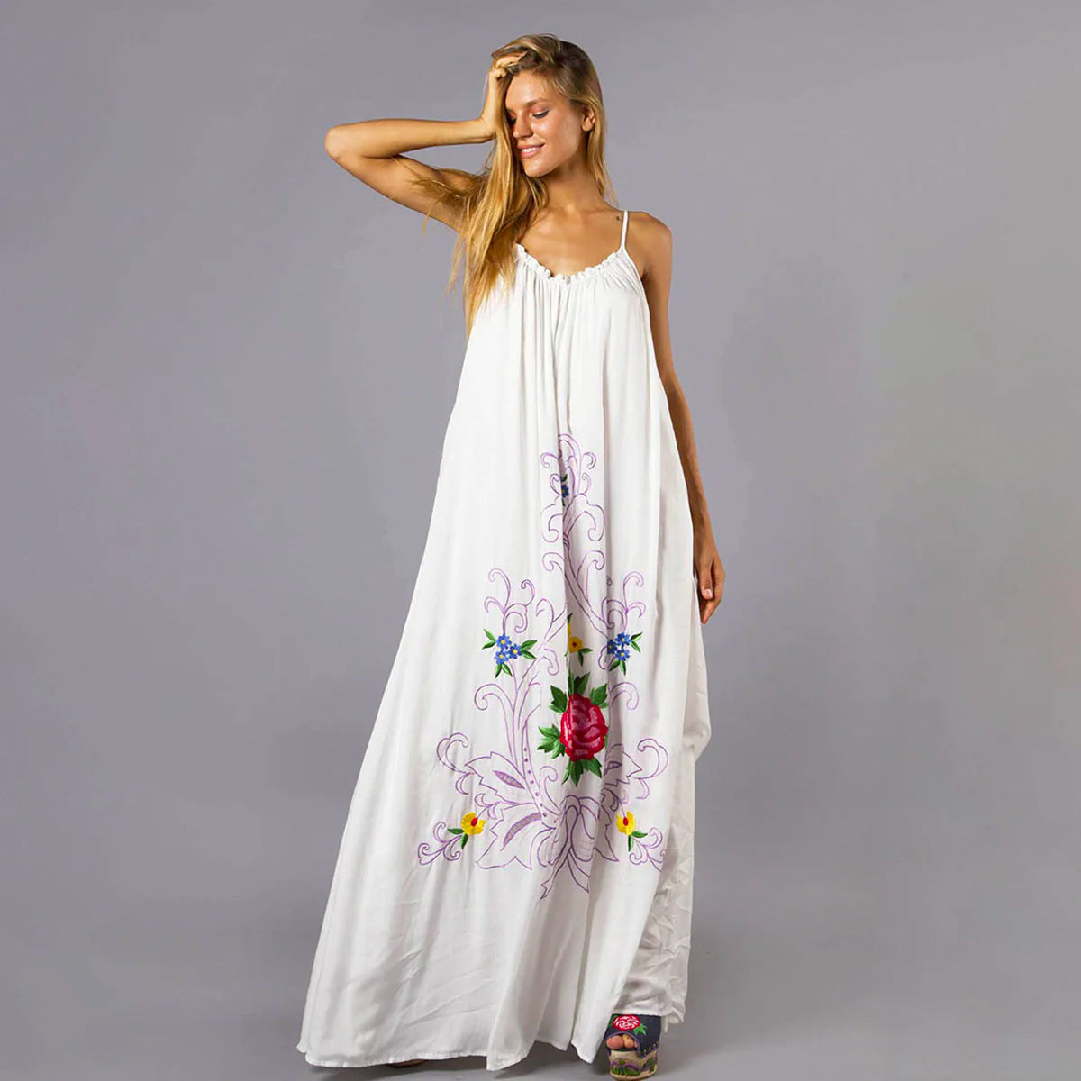 Boho Flower Embroidered White Cotton Maxi Dress