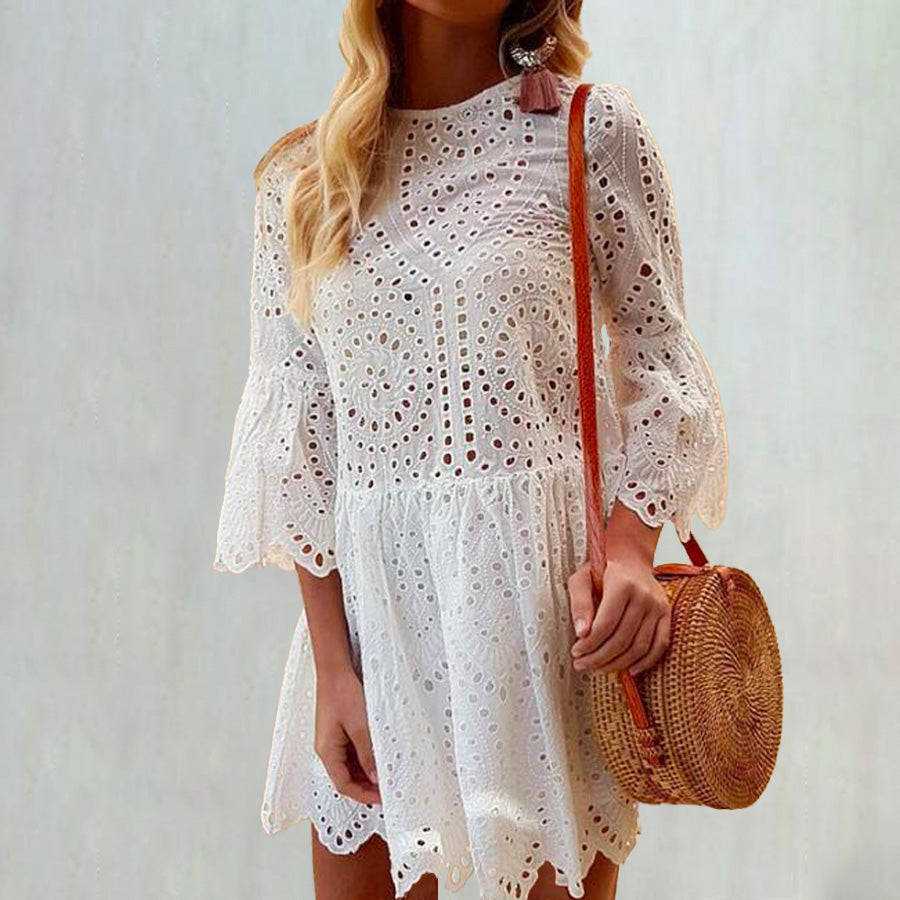 Embroidery Hollow-out Mini Dress with Ruffle Sleeve
