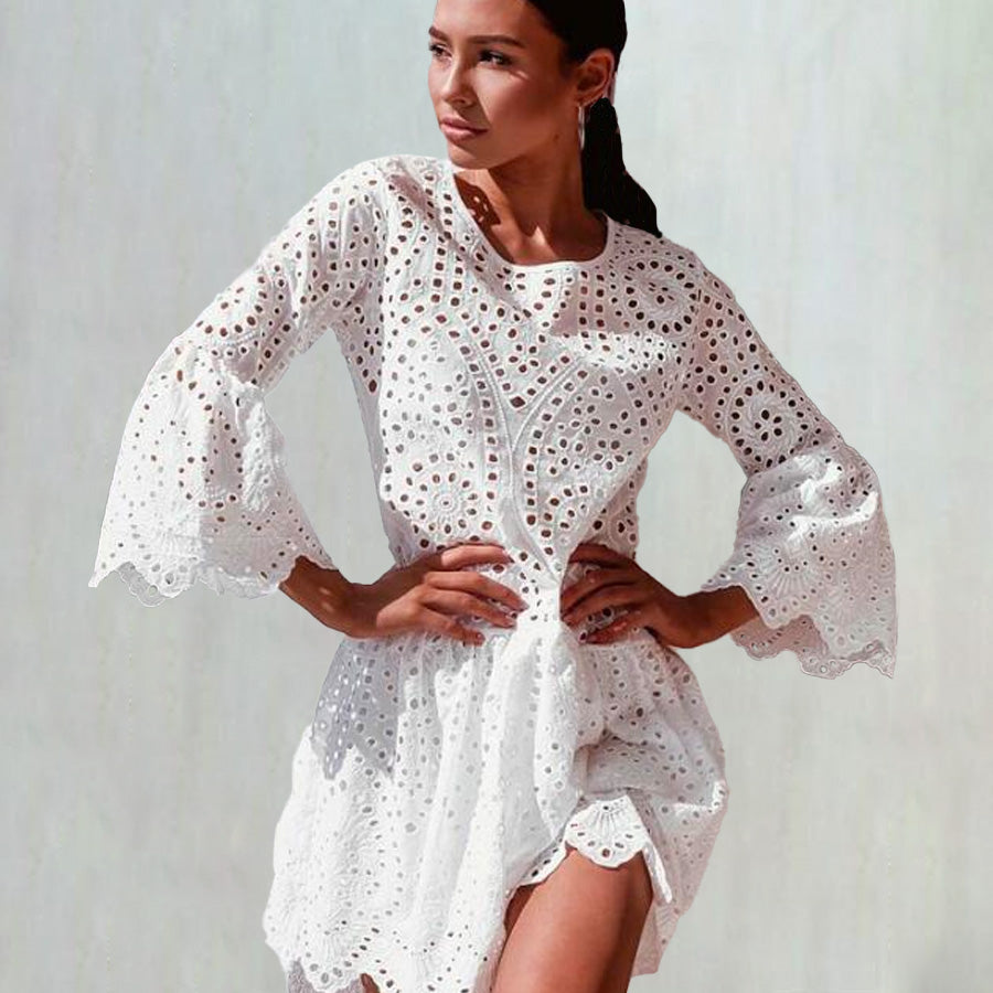 Embroidery Hollow-out Mini Dress with Ruffle Sleeve