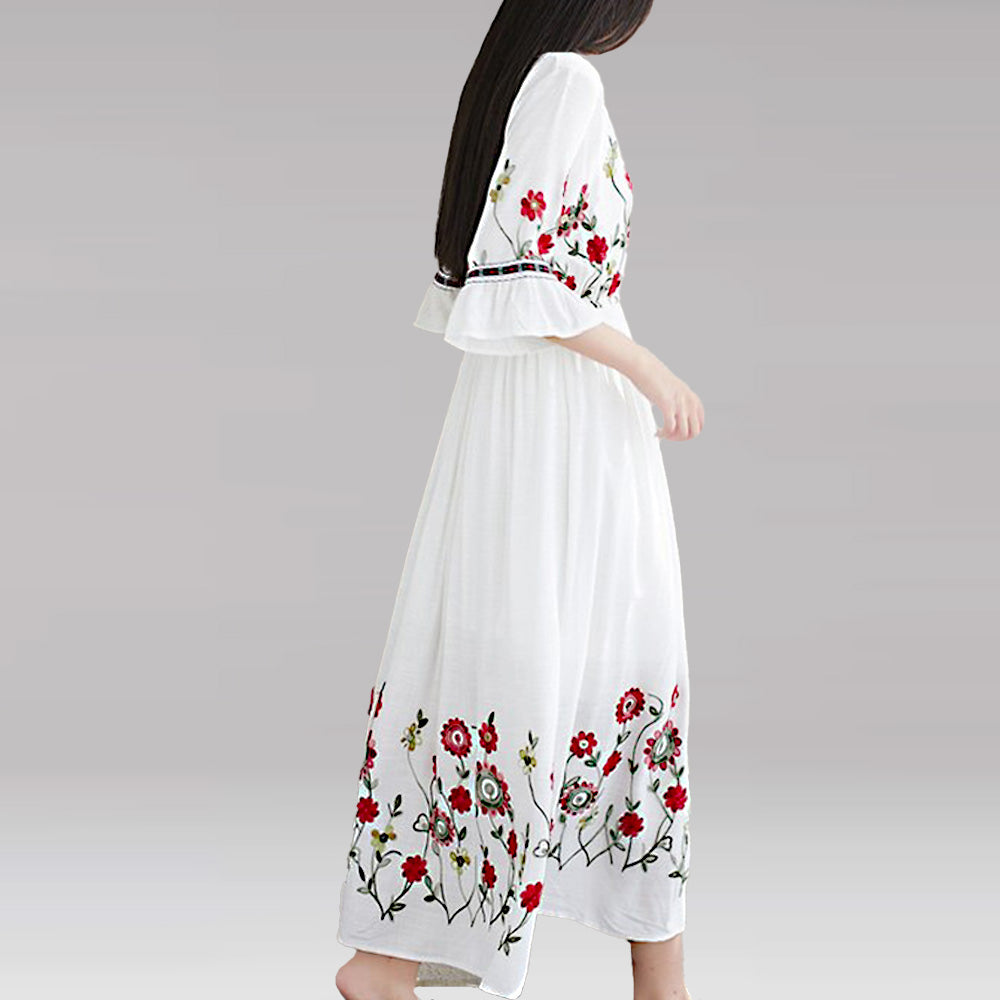 Flare Sleeve Flower Embroidery Boho Midi Dress