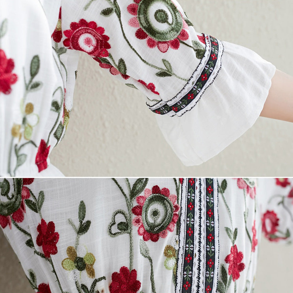Flare Sleeve Flower Embroidery Boho Midi Dress