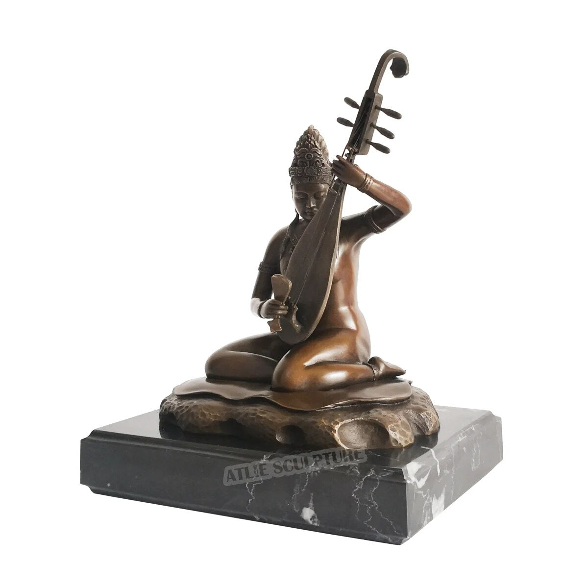 Exquisite 8.5-inch Bronze Goddess Saraswati Sculpture on Marble Base: A Harmonious Blend of Artistry and Divinity