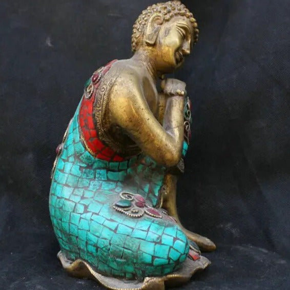 Antique 7.6-inch Pure Copper Meditation Buddha with Turquoise Inlays. Nepalese Craftsmanship