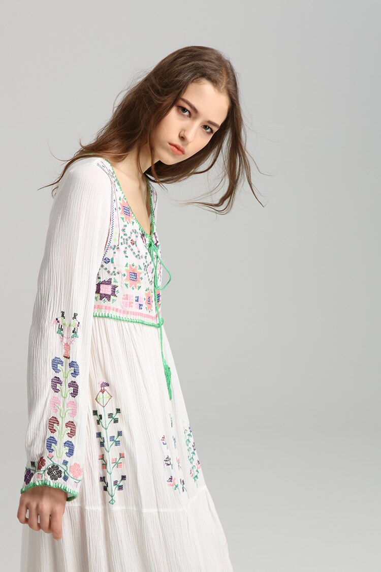 Bohemian Embroidered Cotton Maxi Dress
