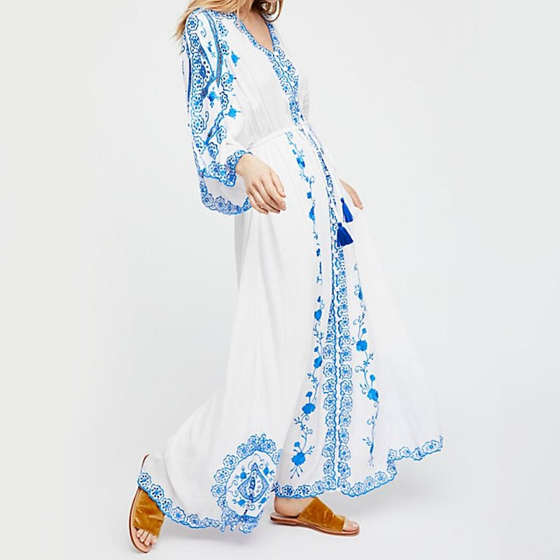 Bohemian Cotton Blue and White Porcelain Embroidery Maxi Dress with Flared Sleeves