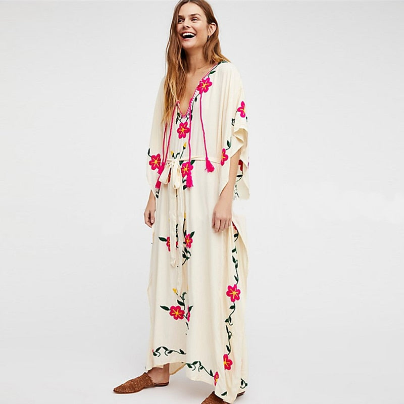 Boho Pink Flowers Embroidered Maxi Dress