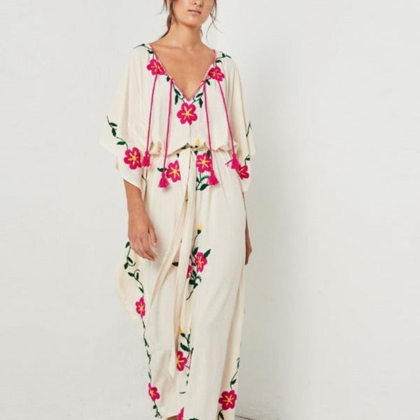 Boho Pink Flowers Embroidered Maxi Dress