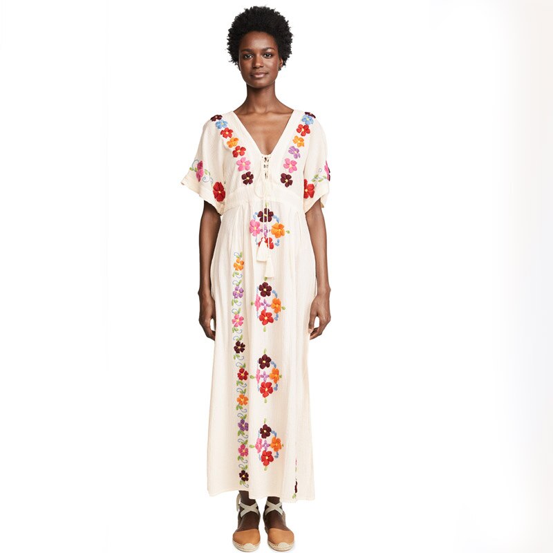 Embroidered Flowers Cotton Boho Maxi Dress