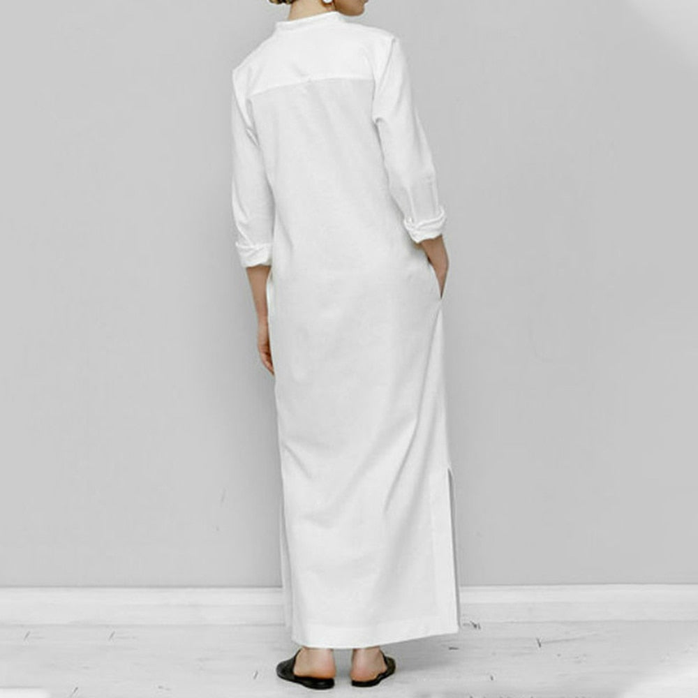 White Side Split Button-Up Cotton Maxi Dress