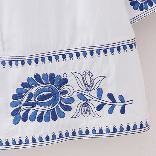 Blue Embroidered White Dress