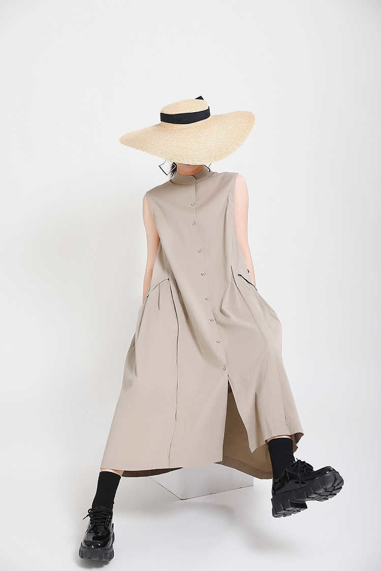 Sleeveless Loose Long  Dress New Stand Collar Sleeveless Loose Fit Fashion Tide Spring Summer 2023 1Y353