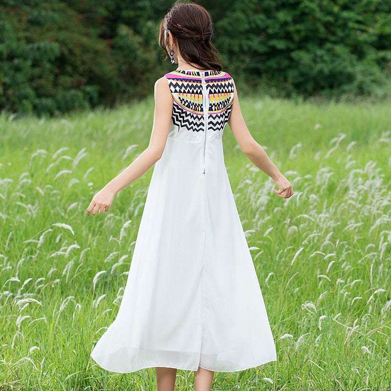 Geometric  Embroidery Tassel Sleeveless Midi Dress