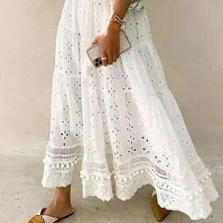 White Cotton Hollow-Out Boho Skirt