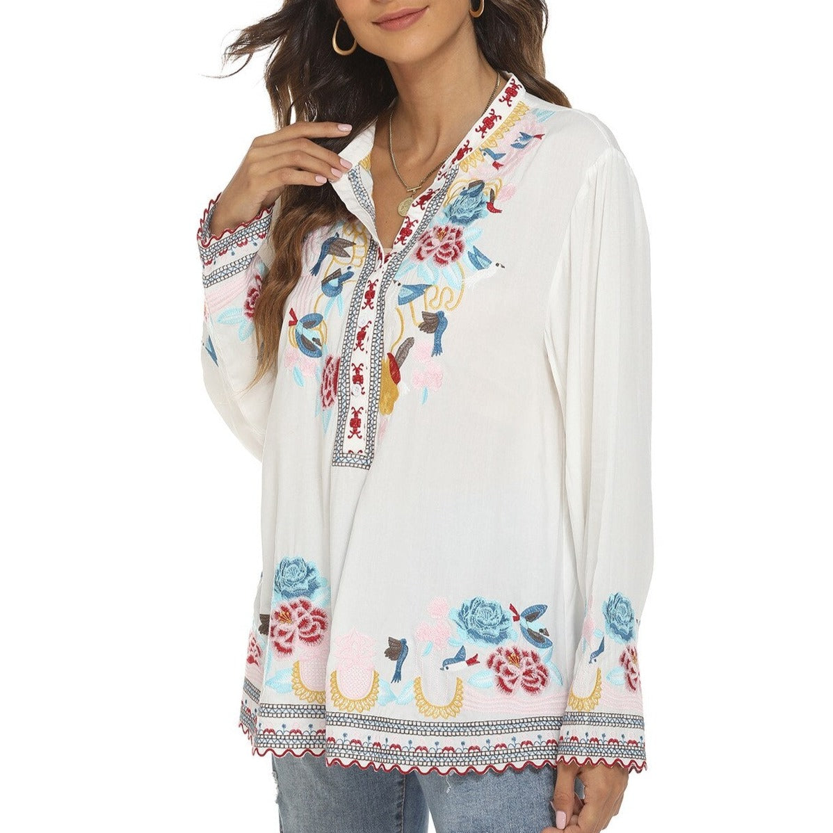 Flowers and Birds Embroidered Long Sleeve Tunic