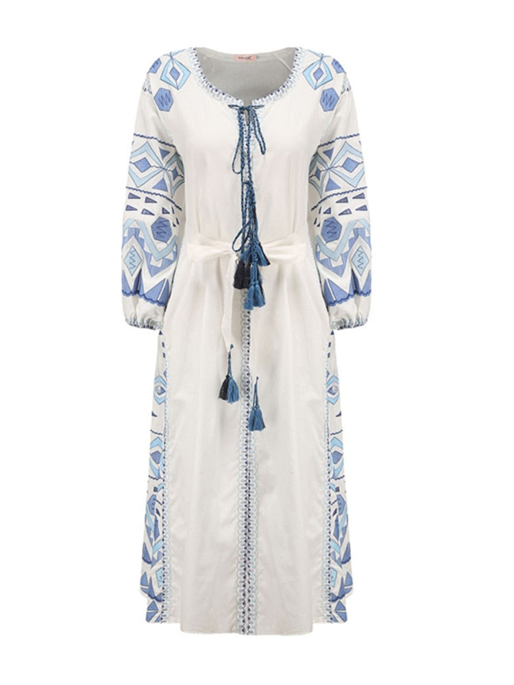 Ethnic Embroidery Linen White dress with Tassels