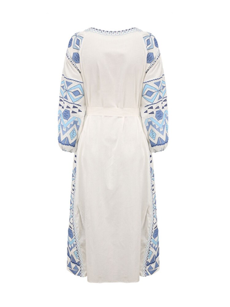 Ethnic Embroidery Linen White dress with Tassels