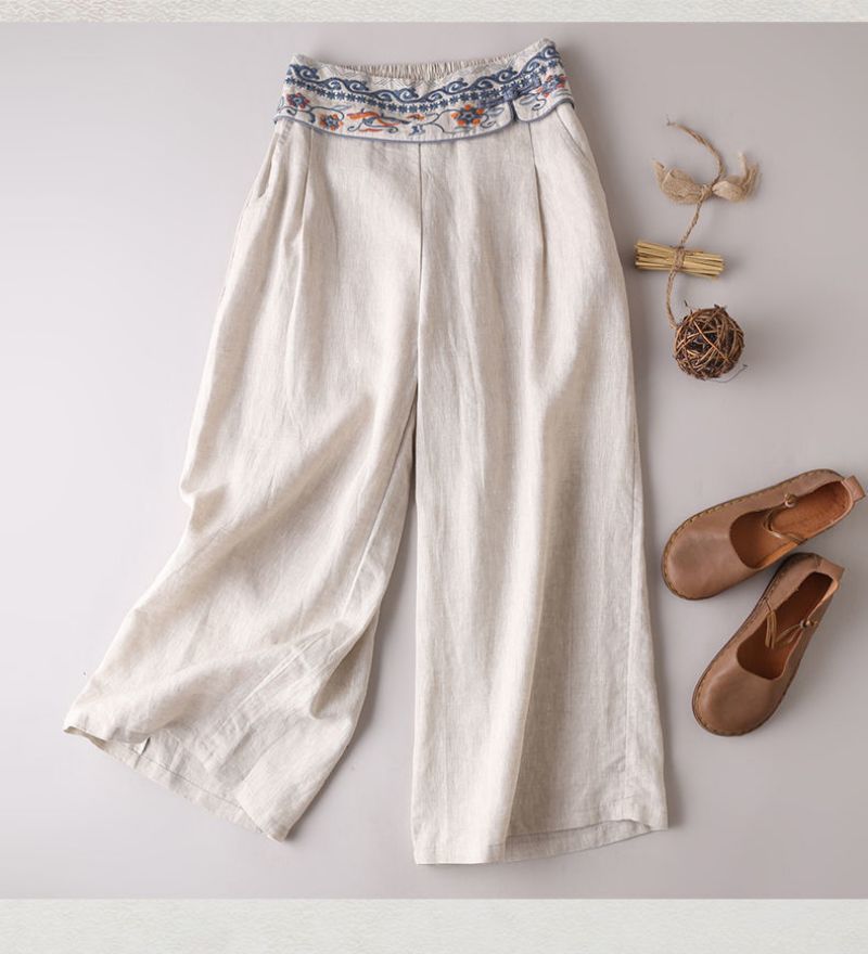 Light Linen Embroidered Waist Pants