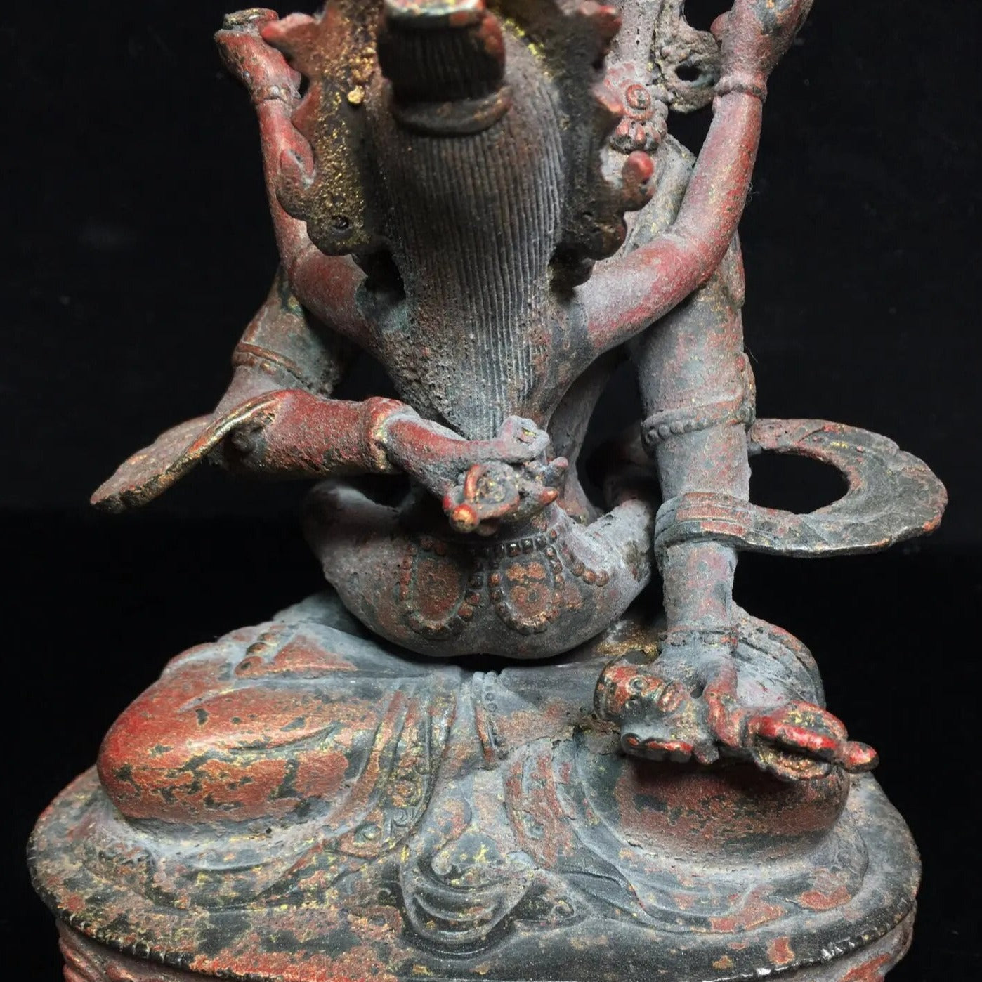 Primordial Union: 9" Tibetan Temple Collection - Old Bronze Cinnabar Yab-Yum Sculpture.