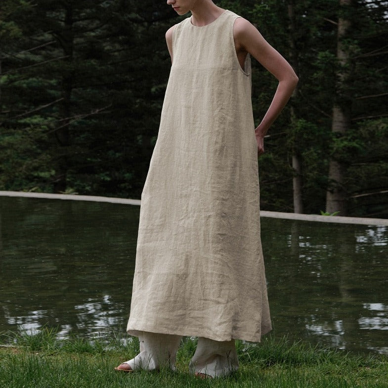 Linen Sleeveless Back Hollow-Out Maxi Dress