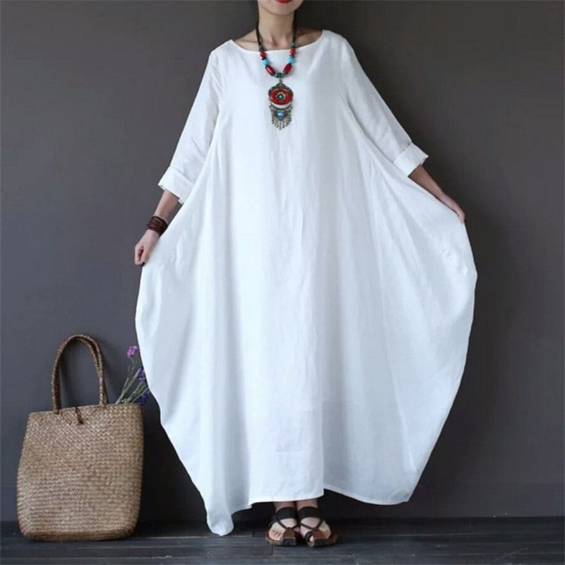 White Swing Linen Long Dress