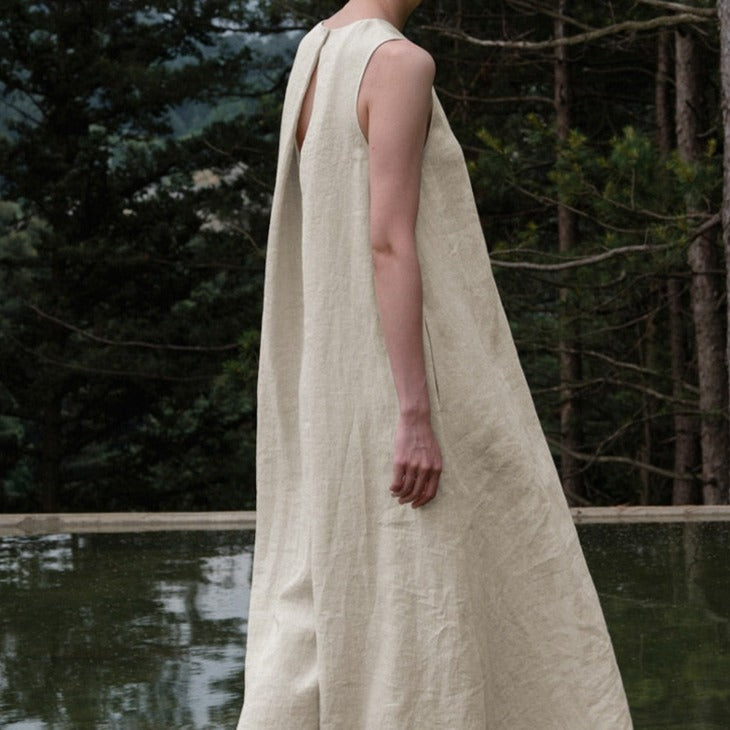 Linen Sleeveless Back Hollow-Out Maxi Dress
