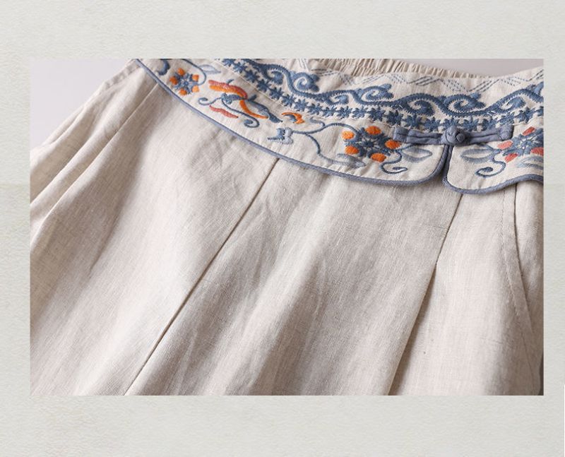 Light Linen Embroidered Waist Pants