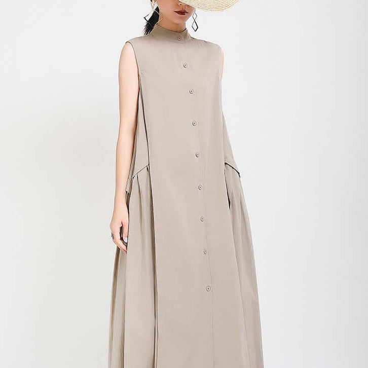 Sleeveless Loose Long  Dress New Stand Collar Sleeveless Loose Fit Fashion Tide Spring Summer 2023 1Y353