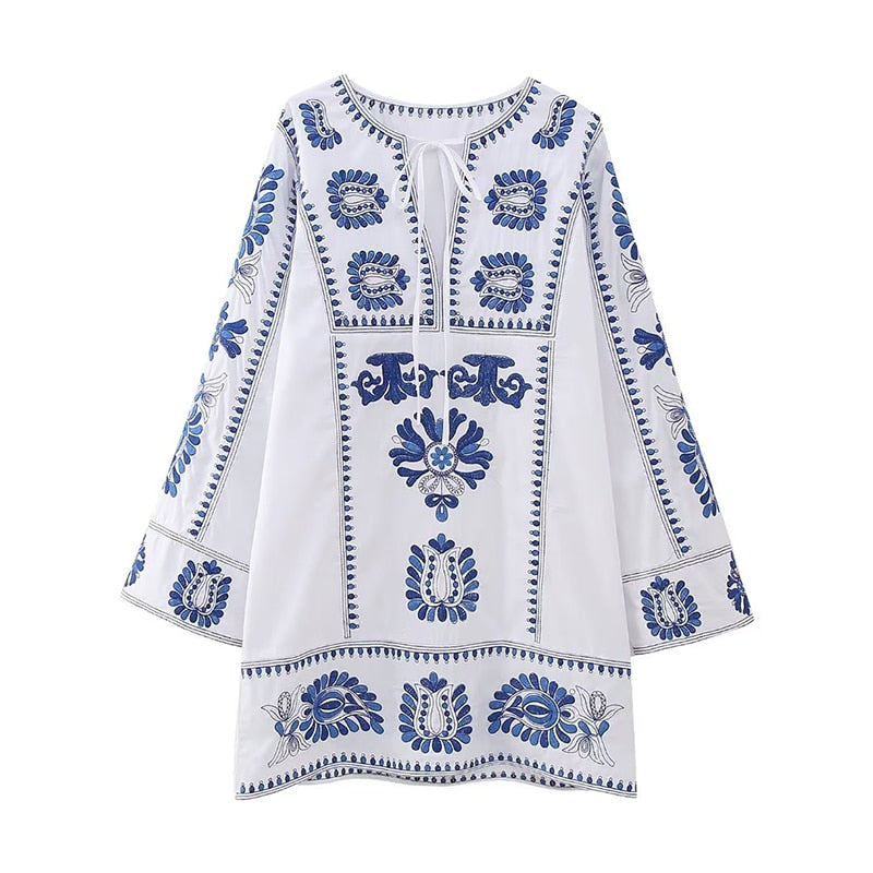 Blue Embroidered White Dress