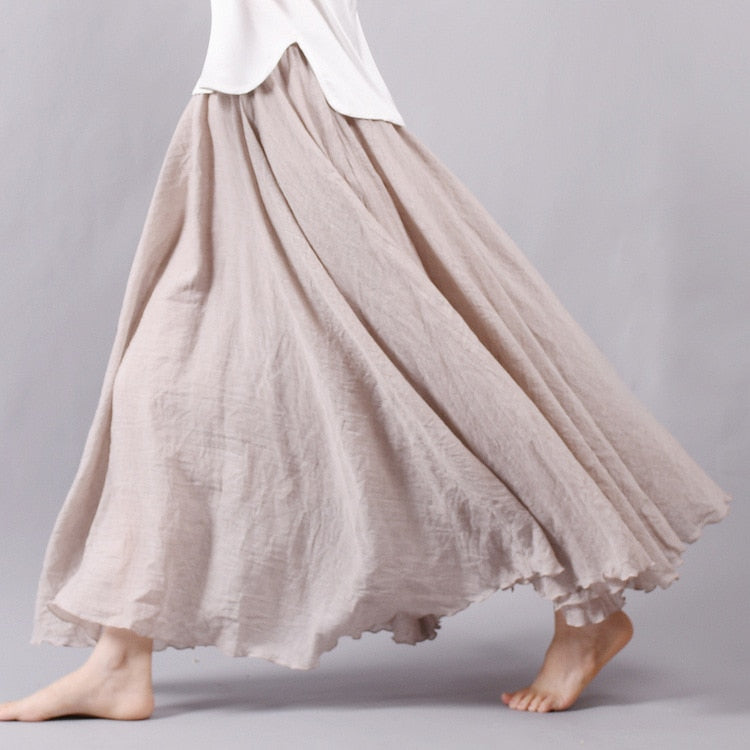 Pleated A-Line Cotton Maxi Skirt