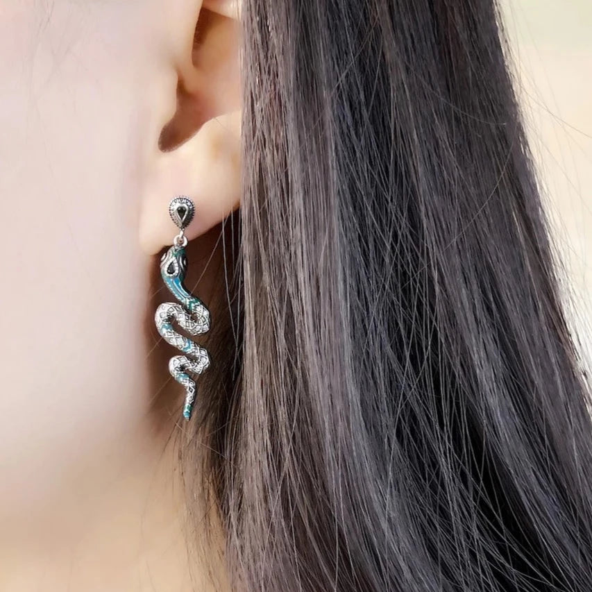 Kundalini Snake Bohemian 925 Sterling Silver Drop Earrings