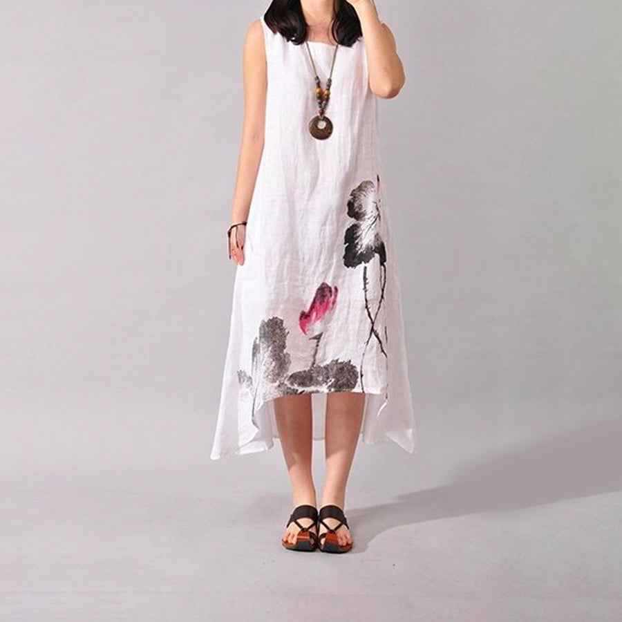 White Linen Sleeveless Lotus Summer Dress