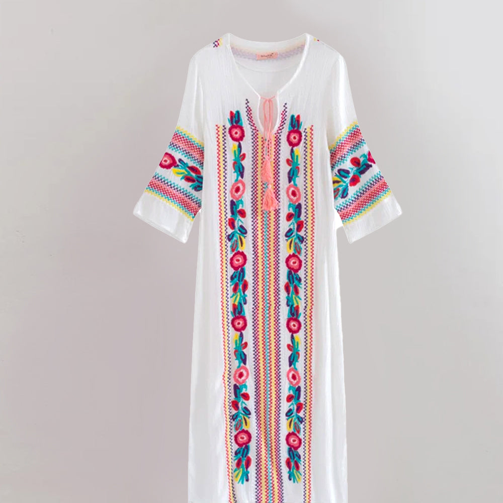 Vintage Floral Embroidered Long Sleeve Maxi Dress