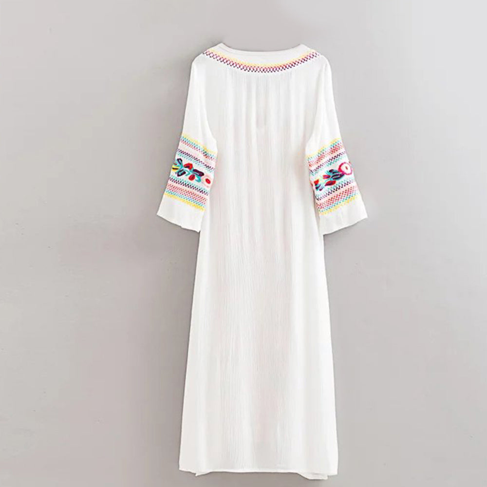 Vintage Floral Embroidered Long Sleeve Maxi Dress