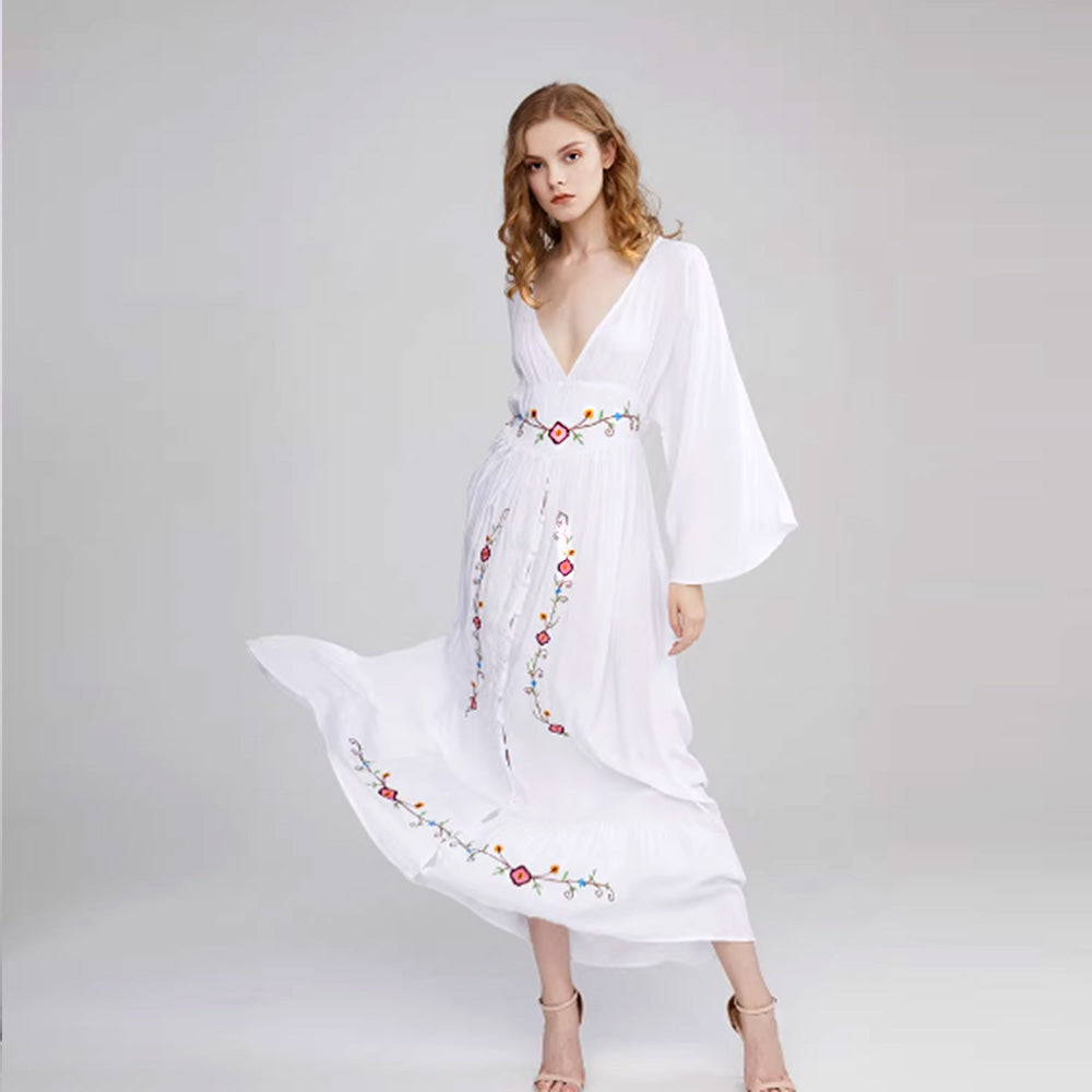 White Bohemian Cotton Embroidery Loose Maxi Dress